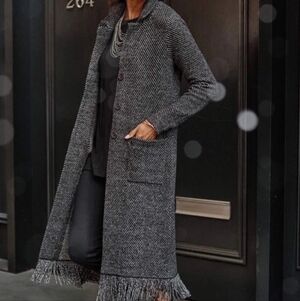 J Jill Herringbone Sweater W/Fringe Black M New